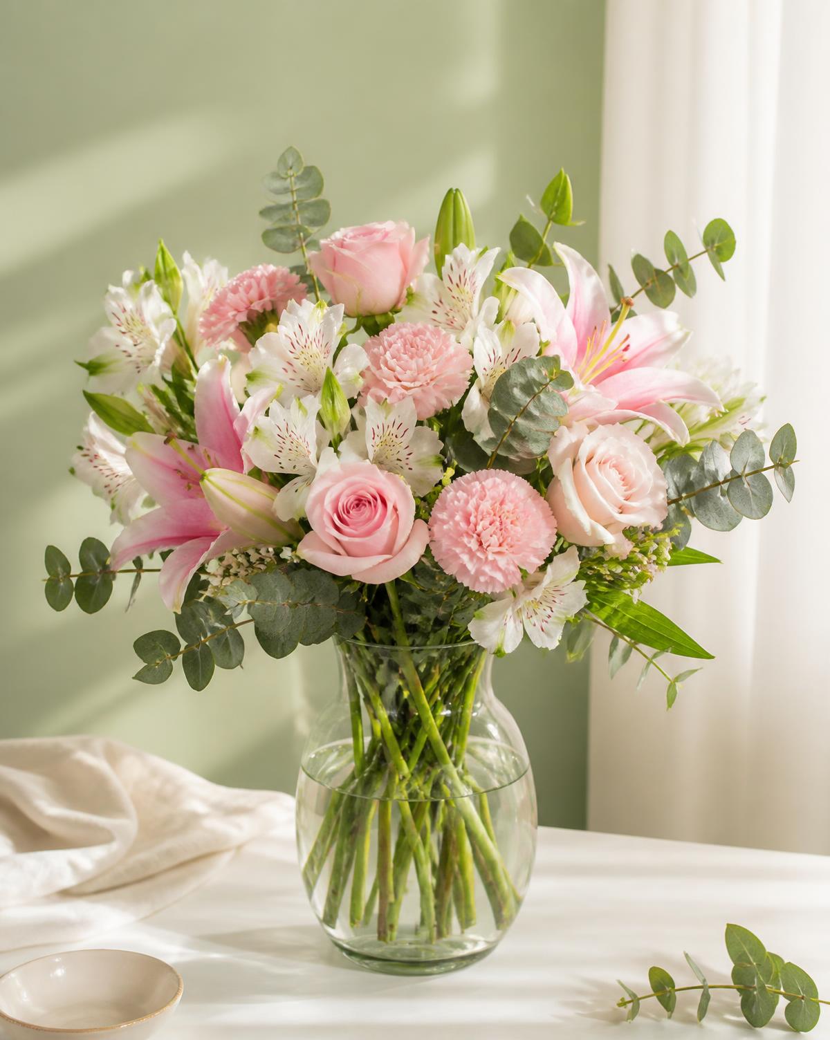 Buquê delicado de flores frescas em tons de rosa